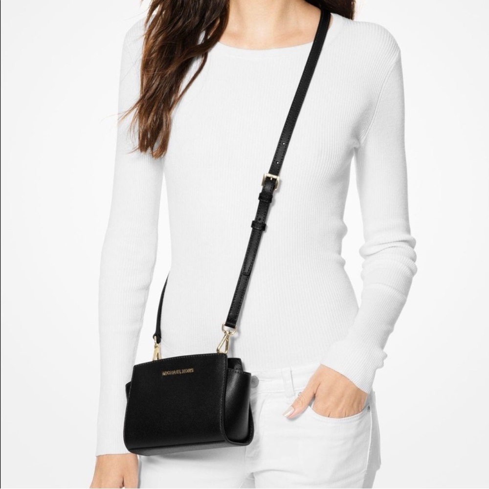 New Michael Kors Selma Mini Gloss patent leather Black Crossbody Bag NWT